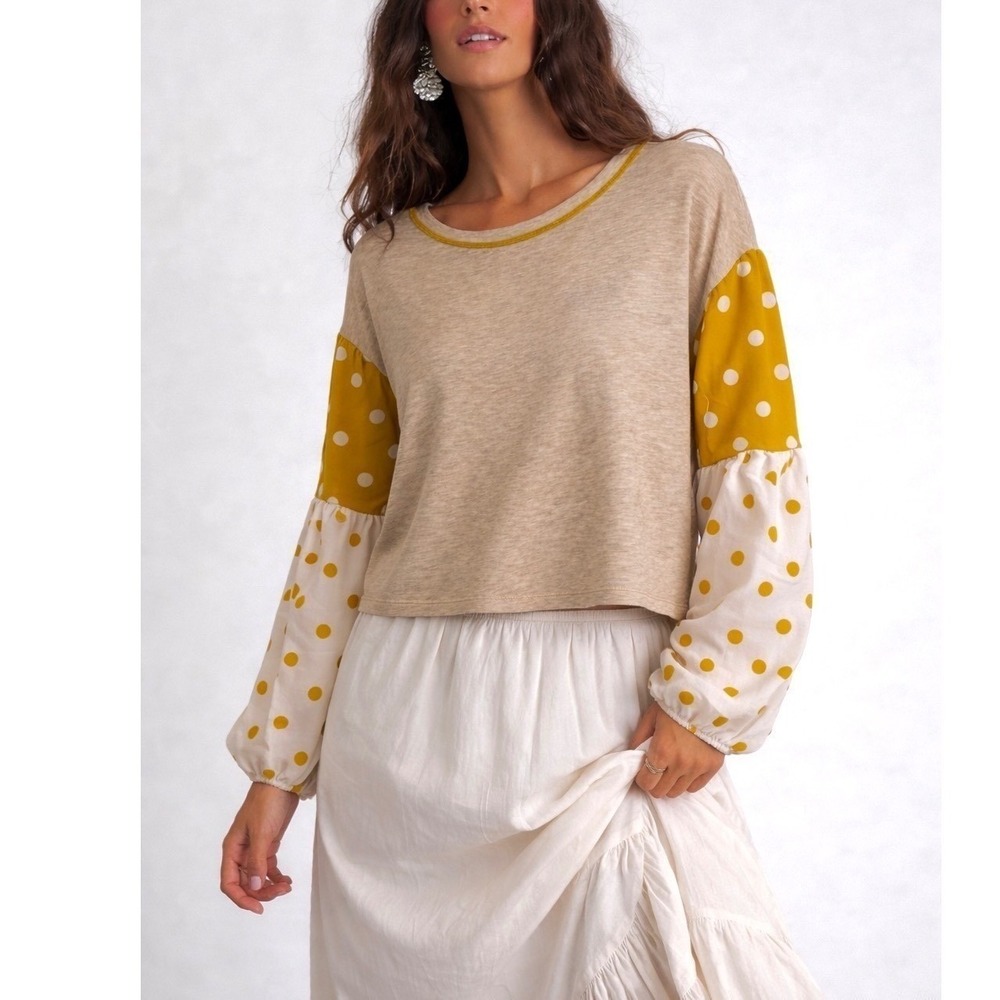 ODDY Yellow/White/Tan Long Sleeve Boho Shirt with Polka Dot Bell Sleeves
